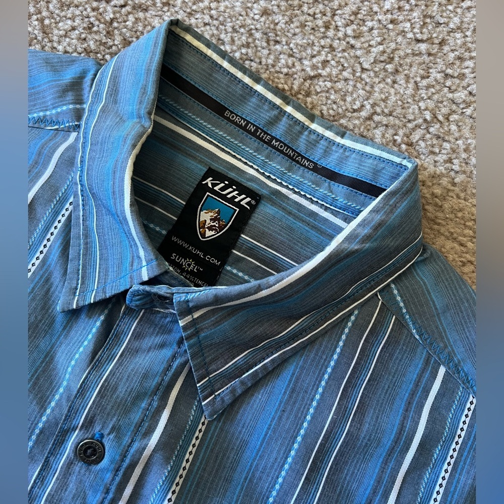 Kuhl Suncel Blue Striped Button Down Cotton Blend Shirt Mens Medium Short Sleeve - Picture 5 of 15